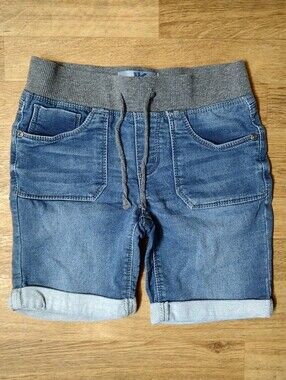 Indigo Blue Denim Shorts with Gray Rib Waistband